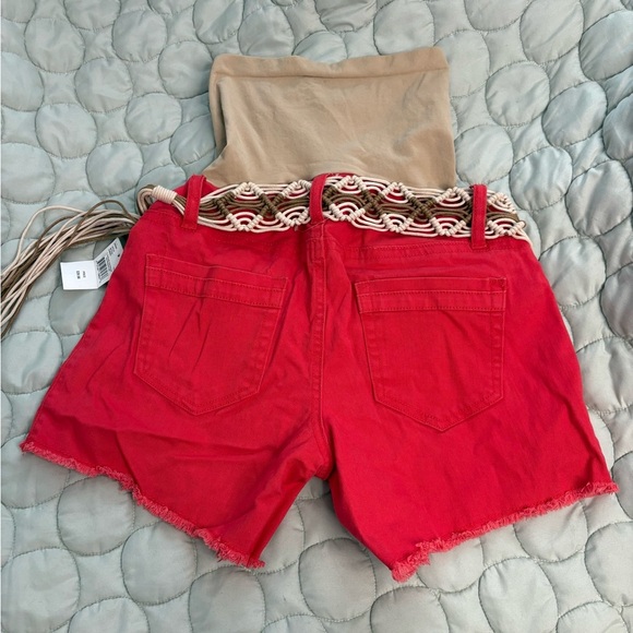 *Wallflower Maternity Shorts CoralRed Denim Boho Fringe Belt OverBelly Small NWT - Picture 2 of 8